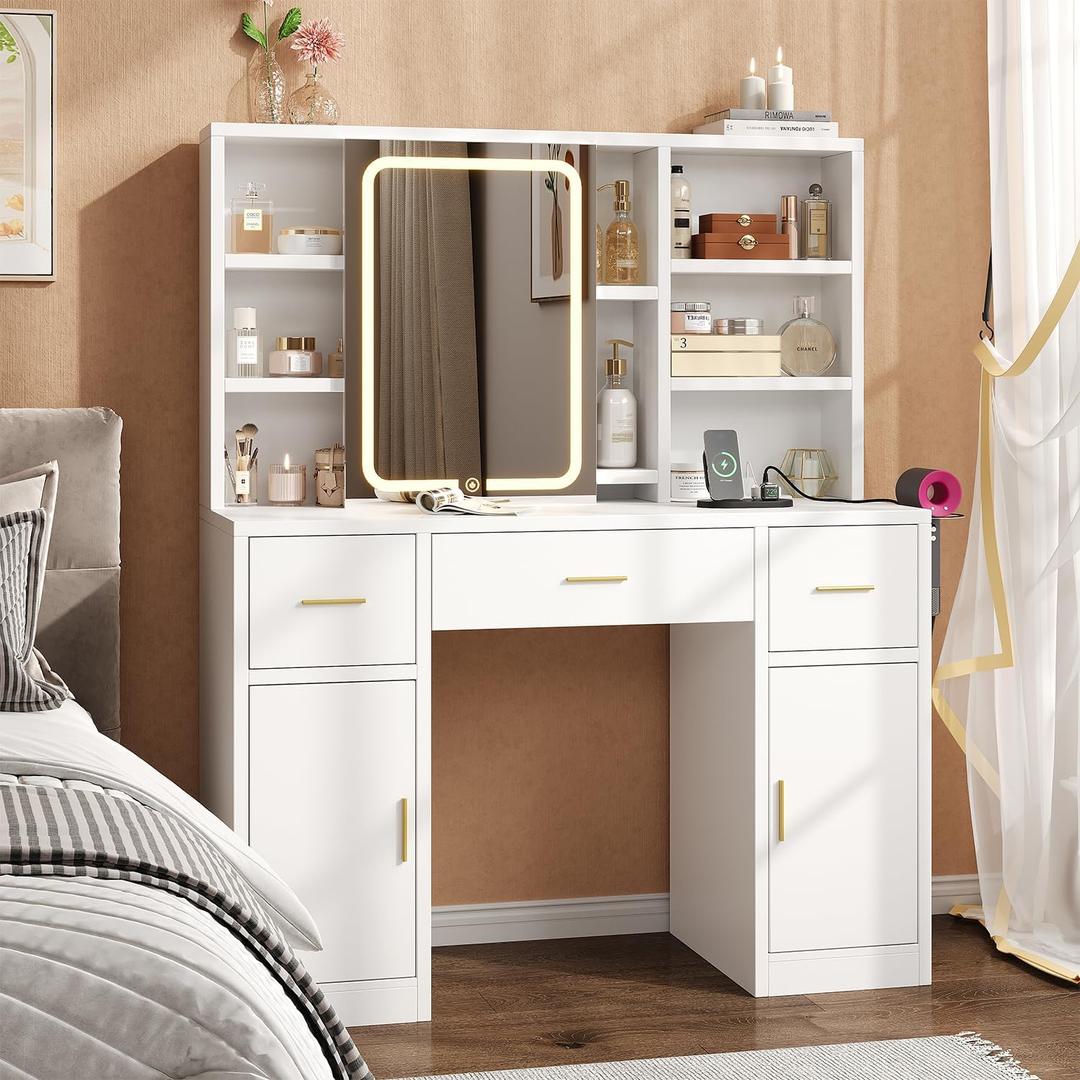 Vanity Desk with Sliding Mirror & LED Lights, Smart Makeup Table with Charging Station, Hairdryer Holder, 7 Shelves, 3 Drawers, 2 Cabinets, Vanity with Extra Hidden Stroage for Bedroom,White