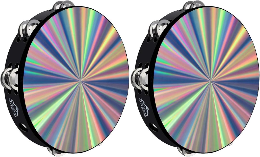 EASTROCK Radiant Tambourine Hand Held Drum 10 Inch Double Row Jingles Reflective Tambourine Musical Instrument for Adults Church KTV Party (2 Packs)