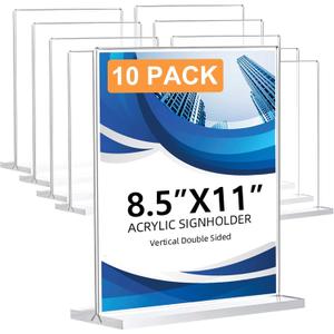 10 Pack Acrylic Sign Holder 8.5 x 11, Double-Sided Clear Sign Holder Plastic Stands for Display, T Shape Acrylic Table Sign Stands for Office Store Restaurants Wedding Party Decoration