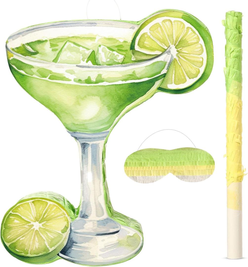 Gilprop Margarita Piñata with Stick Blindfold Tequila Wine Glass Adult Piñata Green Lemon for Margs Matrimony Bachelor Wedding Bridal Shower Photo Prop Funny Summer Birthday Party Supplies