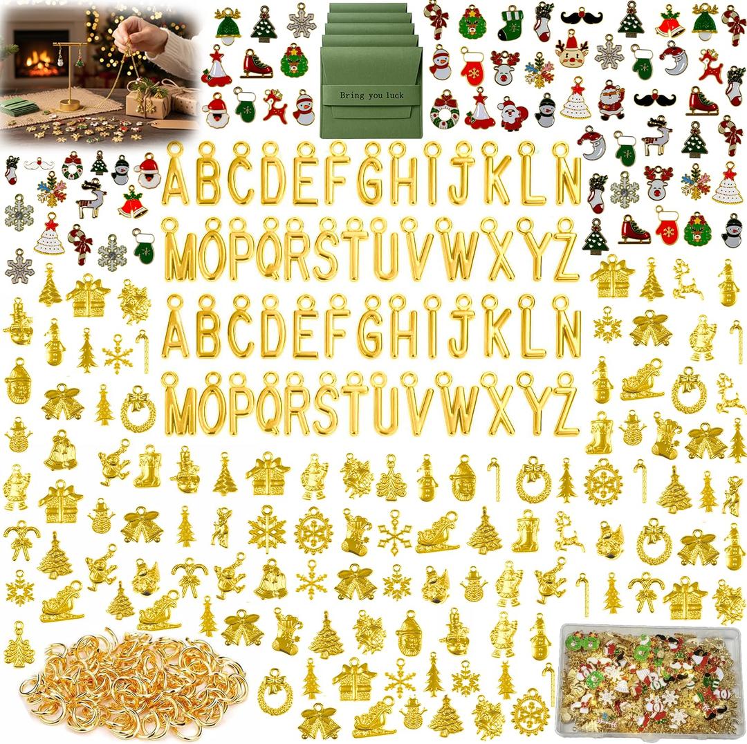 ValorTiger 407PCS Christmas Jewelry Making Kit – Includes 5 “Bring You Luck” Pendants, 100 Enamel, 150 KC Gold Charms, 52 Letter Charms & 100 Jump Rings, DIY Necklace, Bracelet & Earring Crafts