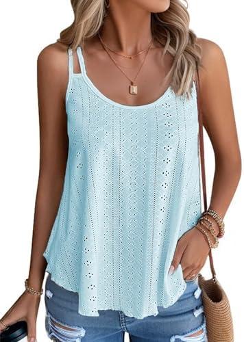 Eachrise Womens Tank Tops Summer Sleeveless Casual Spaghetti Strap Blouses Eyelet Embroidery Loose Fit Tunic Shirts.2XL