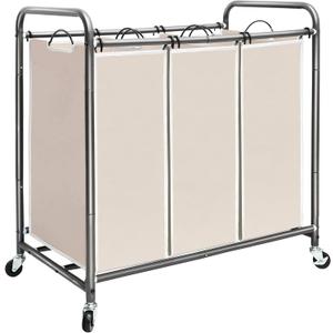 STORAGE MANIAC 3 Section Laundry Sorter, 35.9 Gal (136 L) Laundry Hamper Cart with Heavy Duty Rolling Lockable Wheels and Removable Bags, Clothes Organizer Basket Clothes Separator Hamper, Beige