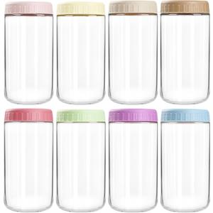 SHOWIN Overnight Oats Containers with Lids, 24oz Glass Jars with Lids 8 pcs, Wide Mouth Mason jars for Salad, Yogurt, Snacks, Meal Prep (Multicolor)