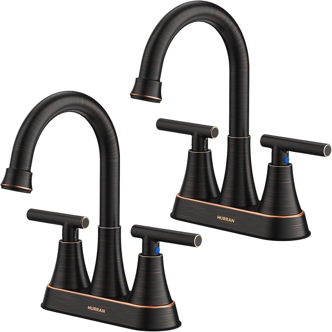 Bathroom Faucets for Sink 3 Hole, Hurran 4 inch Oil Rubbed Bronze Bathroom Sink Faucet with Pop-up Drain and Supply Hoses, Stainless Steel Lead-Free Centerset Faucets for Vanity RV, 2 Pack