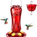Kingsyard Glass Hummingbird Feeders for Outdoors Hanging, Hummingbird Nectar Feeder with Ant Moat & 6 Bee Guard Feeding Ports, 25 Ounces Leak Proof (Red)