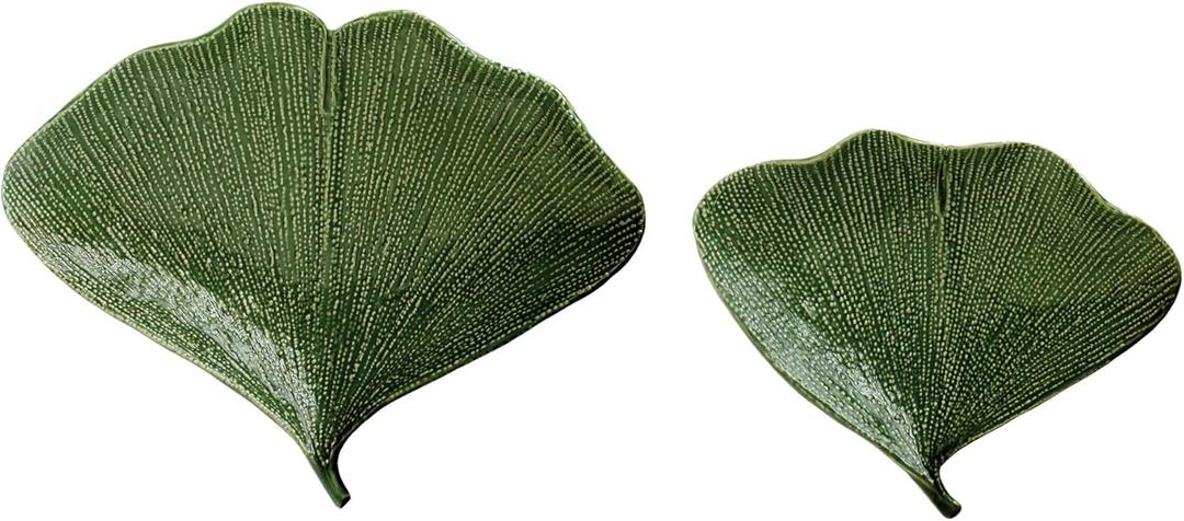 Boho Stoneware Gingko Leaf Shaped Plates, Set of 2 Sizes, Green