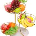Livabber Fruit Basket Bowl with Banana Hanger, Metal Fruit Vegetable Storage Basket with Banana Holder for Kitchen Counter, Detachable Organizer for Bread Snack Produce (Gold, 3-Tier Marble Base)