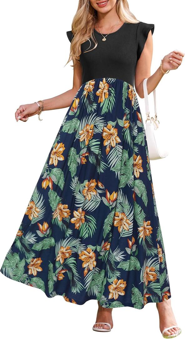 OUGES Women 2025 Spring Summer Dresses Maternity Sleeveless Ribbed Fashion Casual Outfits Maxi Dress with Pockets (Small, Orange Floral)