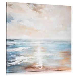 Briful Large Abstract Canvas Wall Art for Living Room - Blue White Gold Textured Modern Painting - Sea Horizon Wrapped Canvas for Bedroom Home Decor - 24'' x 24''