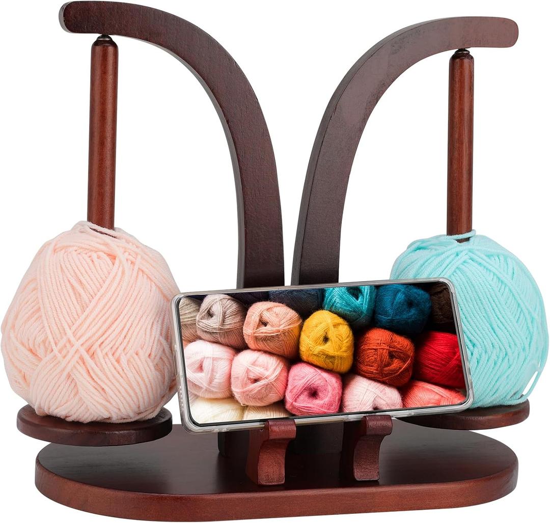 Ovveroche Magnetic Yarn Holder for Crocheting and Knitting, Magnetic Rotating Wooden Yarn Spinner with Crochet Accessories Storage and Phone Stand for Crochet Gifts for Crochet Knitting Lovers