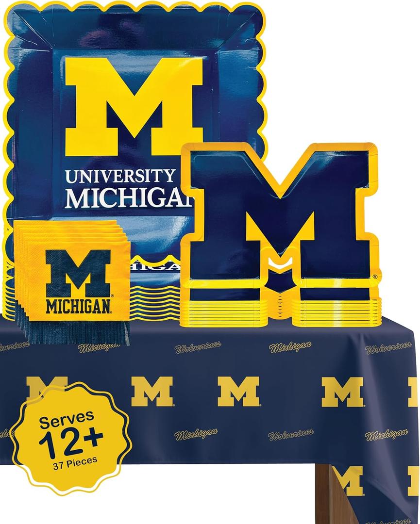 Michigan party supplies with Michigan tablecloth plates and napkins (37 piece set) for graduation, football tailgating, and birthday party decorations (Serves 12) (Michigan Wolverines)