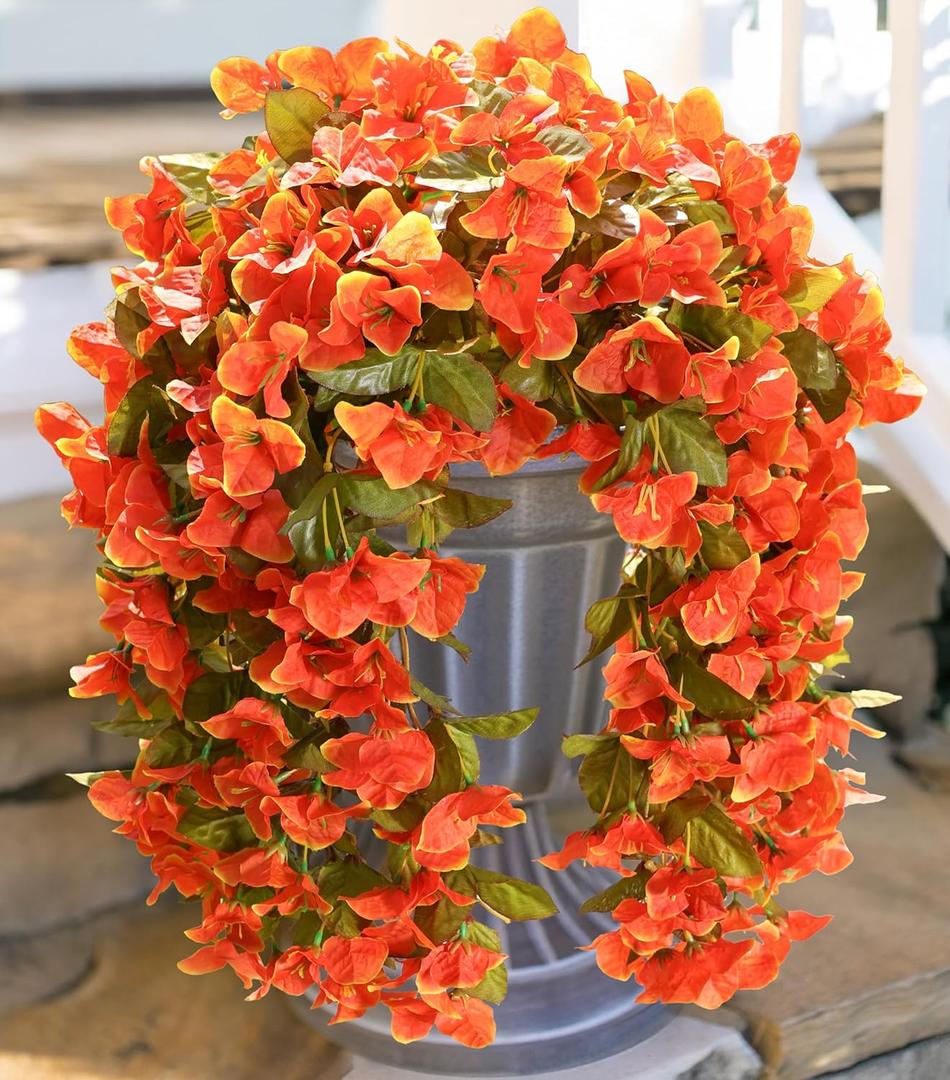2 x HyeFlora Bougainvillea Artificial Hanging Flowers Plants for Outdoors Decoration, 2pcs Faux Bougainvillea Vines Orange Fake Flowers Realistic UV Resistant Silk Flowers for Outside Planter Yard Porch