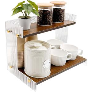 SNAIL GARDEN Acrylic & Wood Coffee Station Organizer with Raised Edges, 2-Tier Coffee Bar Organizer with Sturdy Flat Base, Premium Walnut Finish for Kitchen Countertop Storage