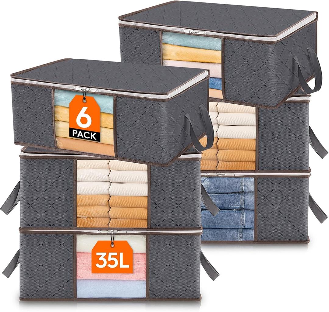 Lifewit 6 Pack Clothes Storage Bag, Foldable Storage Bin Closet Organizer with Reinforced Handle, Sturdy Fabric Blanket Storage with Clear Window, Storage Containers for Clothing, Bedding, Gray (Gray)