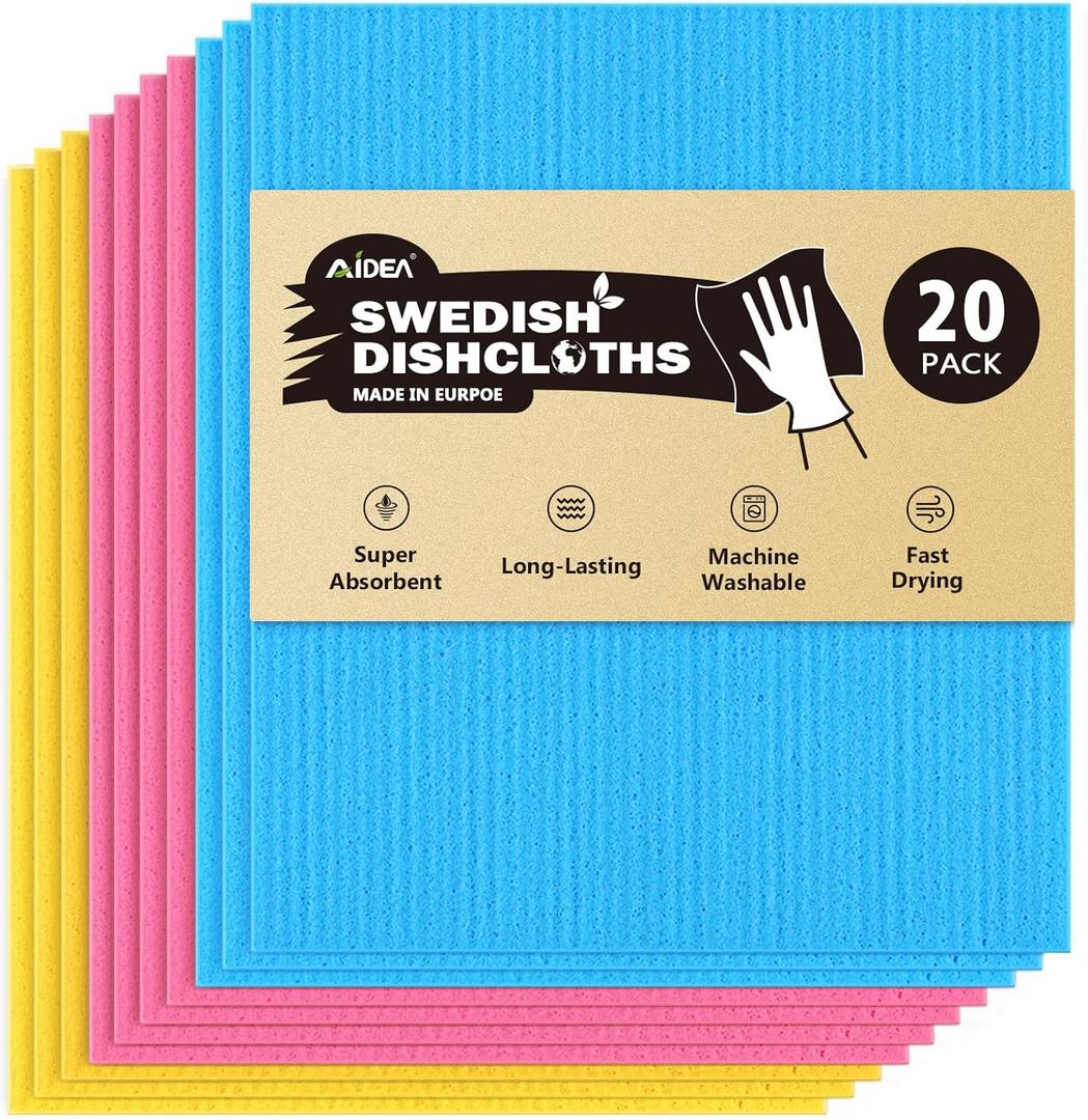 AIDEA Swedish Dishcloths for Kitchen, 20PK, Reusable Paper Towels, Kitchen Washcloths Dish Rags, Eco Friendly No Odor Reusable Cleaning Cloths, Cellulose Sponge Cloths, 7"6"