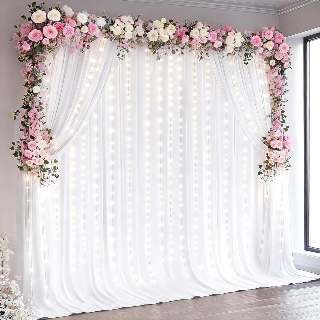 White Backdrop Curtains with Lights for Parties,10x10FT Wrinkle Free Wedding Photo Backdrop Curatin Drapes Fabric for Baby Shower Birthday Ceremony Reception Home Party Decorations-5ft x 10ft,2 Panels