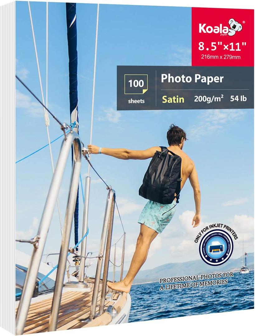 Koala Thin Photo Paper 8.5x11 In 100 Sheets Satin Photo Printer Paper for Inkjet Printer Water-Resistant Semi Gloss 200gsm
