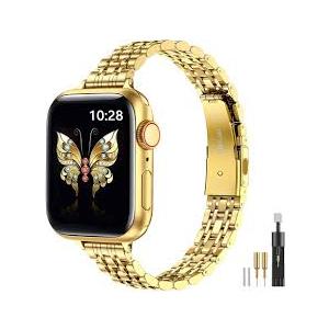MioHHR Slim Metal Bands Compatible with Apple Watch Bands for Women 38mm 40mm 41mm 42mm (Series 11 10), Stainless Steel Strap Bands for iWatch Series 11 10 9 8 7 6 5 4 3 2 1 SE3/2/1, Gold