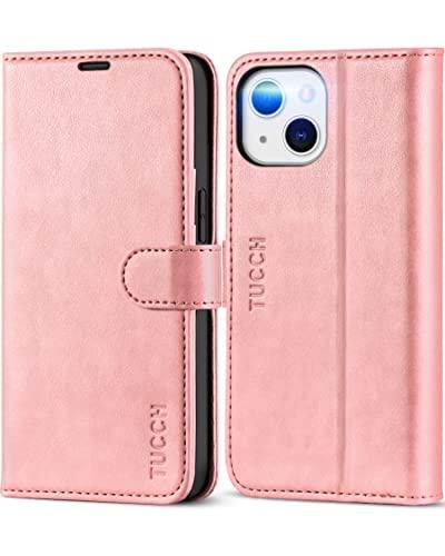 TUCCH Case for iPhone 13 5G 6.1-inch, Flip Wallet PU Leather Magnetic Protective Cover with [RFID Blocking] [Card Slot] Stand [Shockproof TPU Interior Case] Compatible with iPhone 13 2021, Rose Gold