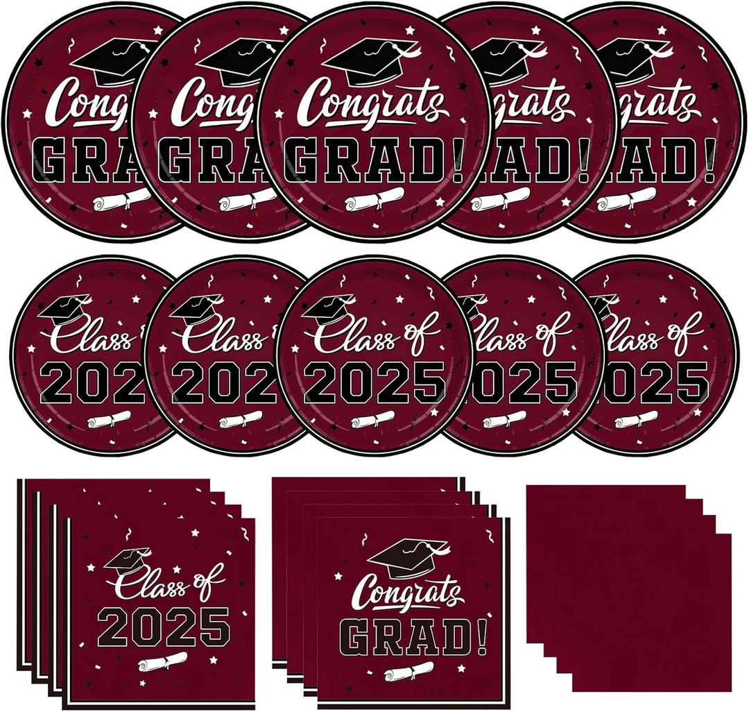 Gatherfun Graduation decorations 2025 Graduation Party Supplies Maroon Disposable Paper Plates Luncheon Napkins Cocktail Napkins for Congrats Grad Party Decorations, Serve 50