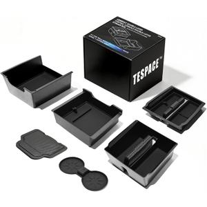 4-Piece Dual-Layer Center Console & Armrest Storage Box for 2024-2026 Tesla Model 3 Highland / 2025-2026 Model Y Juniper, Sliding/Lift-Up, Premium ABS, Tool-Free