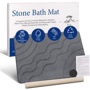 Stone Bath Mat (Large 24x16) | Diatomaceous Earth Stone Shower Mat | Non-Slip, Quick Drying, & Easy to Clean Water Absorbing Diatomite Bath Stone Mat for Bathroom, Kitchen, & Shower (1'3" x 1'11" (Rectangular), Wavy Sun Gray)