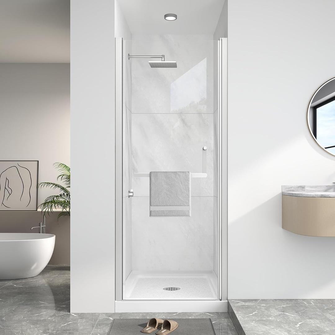 KPUY Pivot Shower Door, 28-30" W x 72" H Frameless Single Swing Glass Shower Door with Explosion-Proof Film Nano Coating, 1/4" (6mm) Thick Tempered Clear Glass, Brushed Nickel