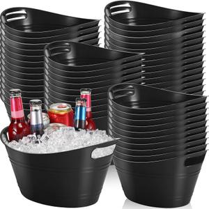 Norme 48 Pcs Plastic Ice Buckets for Parties Bulk 4.5L Oval Black Storage Tub with Handles Wine Beer Champagne Bottle Drink Cooler Tub for Christmas Holiday Home Parties Beverage Storage Basket Gift