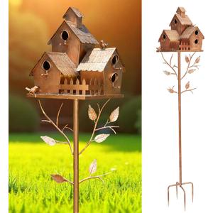 Reallnaive 75" Large Copper Colored Multi-Birdhouse Stakes - Metal Bird Houses Stake with Pole for 4 Bird Families in Each for Christmas Winter Outdoor Patio Yard Garden Decoration