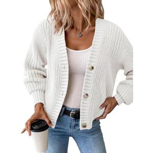 Womens Chunky Knit Cardigan Waffle Knit Button Down Oversized V Neck Fall Sweater for Casual Layering (Large,White)