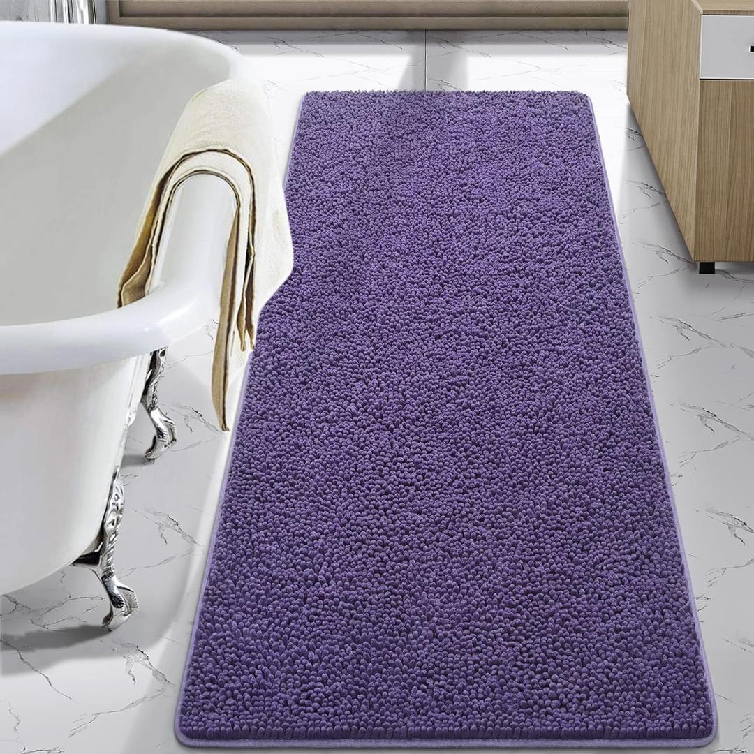 LOCHAS Luxury Bathroom Rug Shaggy Bath Mat 24 x 60 Inch, Washable Non Slip Bath Rugs for Bathroom Shower, Soft Plush Chenille Absorbent Carpets Mats, Dark Purple