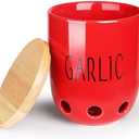 HAOTOP Ceramic Garlic Keeper for Counter, Garlic Saver Container with Wood Lid, Garlic Keeper for Kitchen, Garlic Holder to Keep Your Garlic Cloves Fresh Longer (Red)