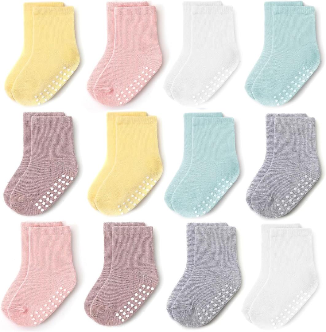 JAKIDAR 12 Pack Baby Toddler Socks Non Slip Grip Cotton Crew Socks for Boys Girls Infants Kids (12-24 Months, Pink Pastel)
