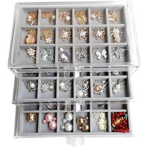 YUFONG Earring Organizer Box Acrylic Jewelry Organizer with 3 Drawers 54 Adjustable Grids Clear Stackable Earring Holder Velvet Trays Ring Display Case for Women Girls (Gray)