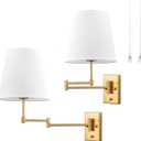 HYDELITE Gold Swing Arm Wall Lamp Brass Wall Sconces with Linen Shade | Plug-in or Hardwired Wall Light Fixtures Bedroom Bedside, House Reading, Living Room, Home Hallway, Dinning Set of 2, 18.8"L x 18.8"W x 18.4"H