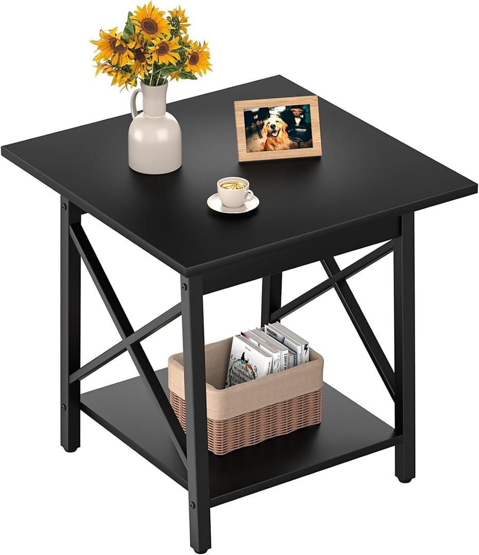 GreenForest End Table 24 inch for Living Room, Large Square Side Tables with X-Frame, Tall Industrial Bedside Nightstand with 2-Tier Storage, Black