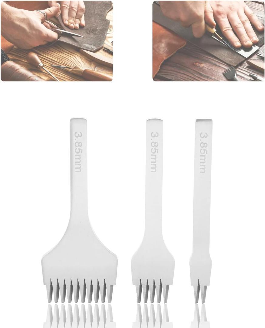 KUIDAMOS 3PCS White Steel 2/5/10 Punch Prong Tool Set Lacing Stitching Chisel Set for Leather Crafts Punching Working(Spacing 3.85mm)