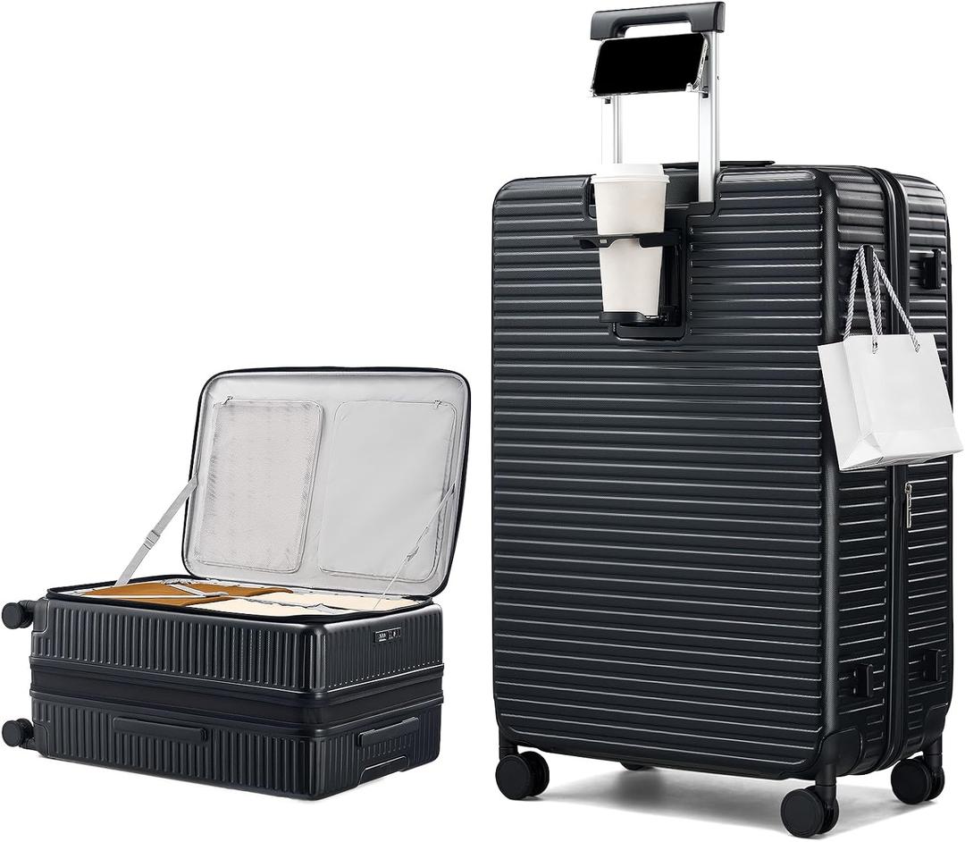 HanTrip 28 Inch Top Opening Hard Case Checked Luggage with Wheels, Black, Expandable 28 Inch