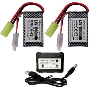 Accessory 2PCS 7.4V 1000mAh Odamiya Plug Lithium Battery with 2-in-1 Charger for 300E 302E 9300 9310 9201E 9305E 9304E 9303E 9302E 9301 RC Car, RC Boat, RC Drone