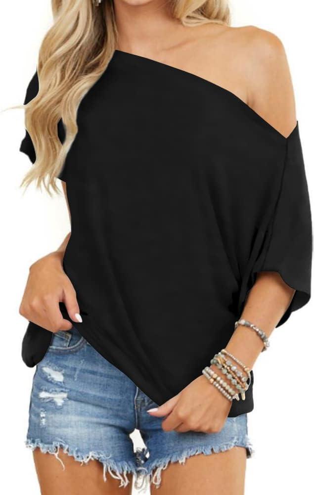 INFITTY Women's Off Shoulder Tops Short Sleeve Casual Loose Batwing Shirts Oversized Blouse Tunic (X-Large, Black)