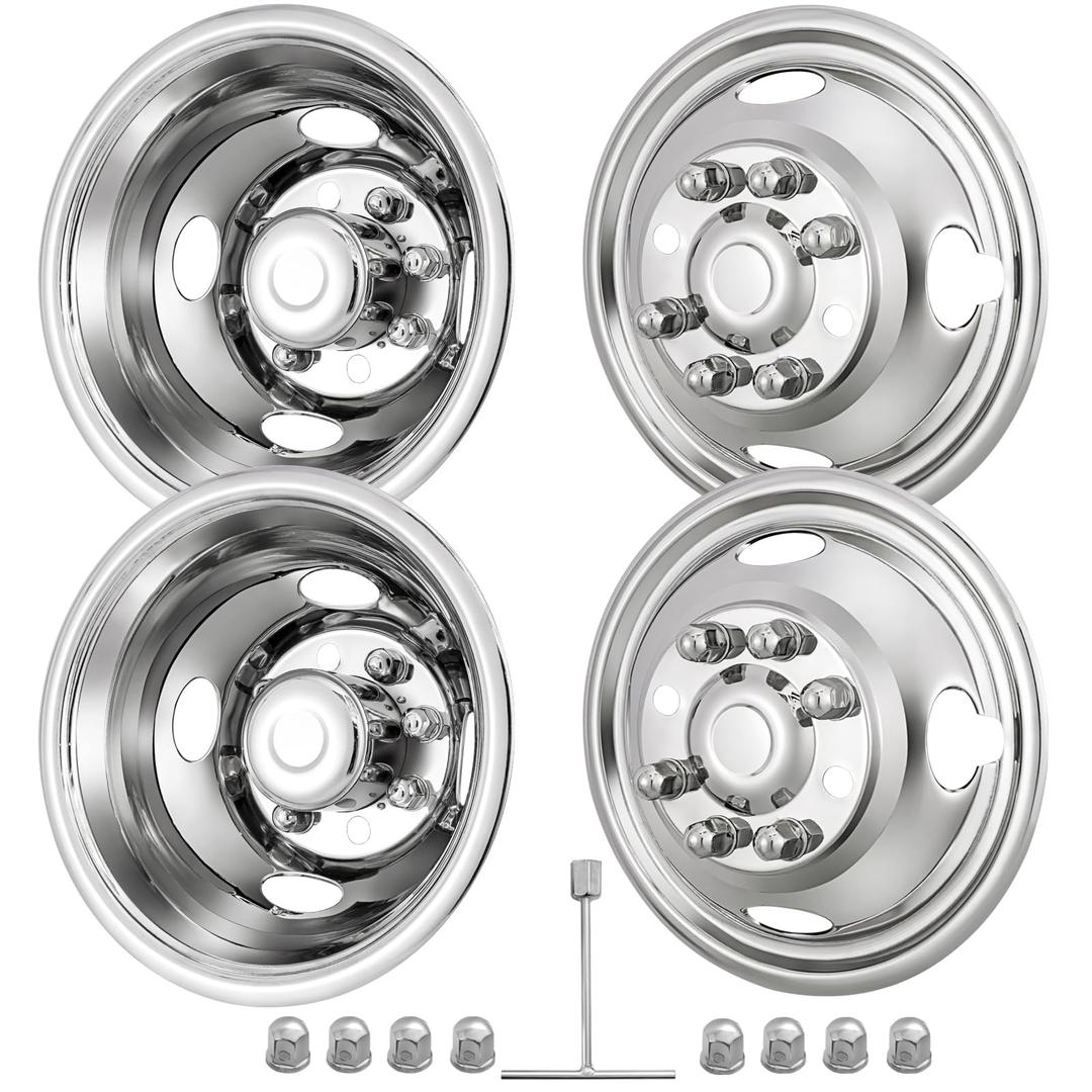 17" 8 Lug Wheel Simulators,Stainless Steel,4pcs Front and Rear Wheel Simulators,Hubcaps with Bolt Kit Fit for 2005-2025 Ford F350 Truck