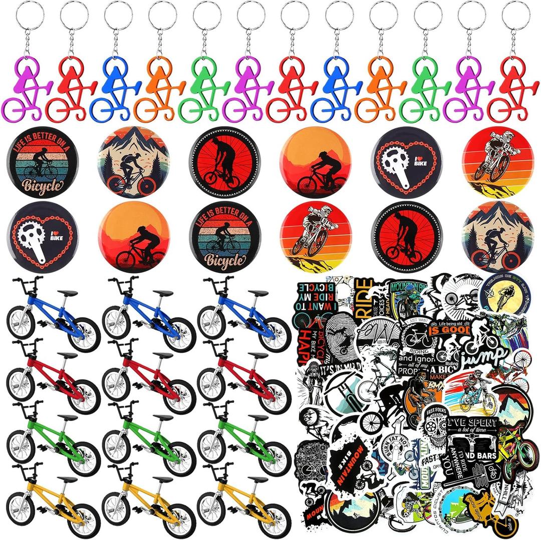 Poen 86 Pcs Bike Party Favor Including 12 Finger Bikes 12 Bike Keychain 12 Button Badges 50 Waterproof Stickers Club Gift Supplies