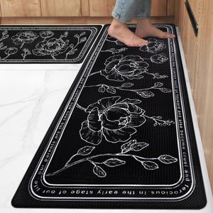 ROTTOGOON Kitchen Floor Mat Set of 2, Cushioned Anti Fatigue Kitchen Mat 17"x47"+17"x29", Non-Slip Waterproof Kitchen Rug, Premium PVC Comfort Kitchen Mats and Rugs for Kitchen, Office, Home, Laundry (Black)