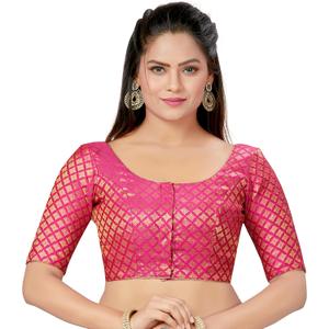 Madhu Fashion Women's Polyester Brocade Readymade Saree Blouse with Elbow Length Sleeves, Pink, 36