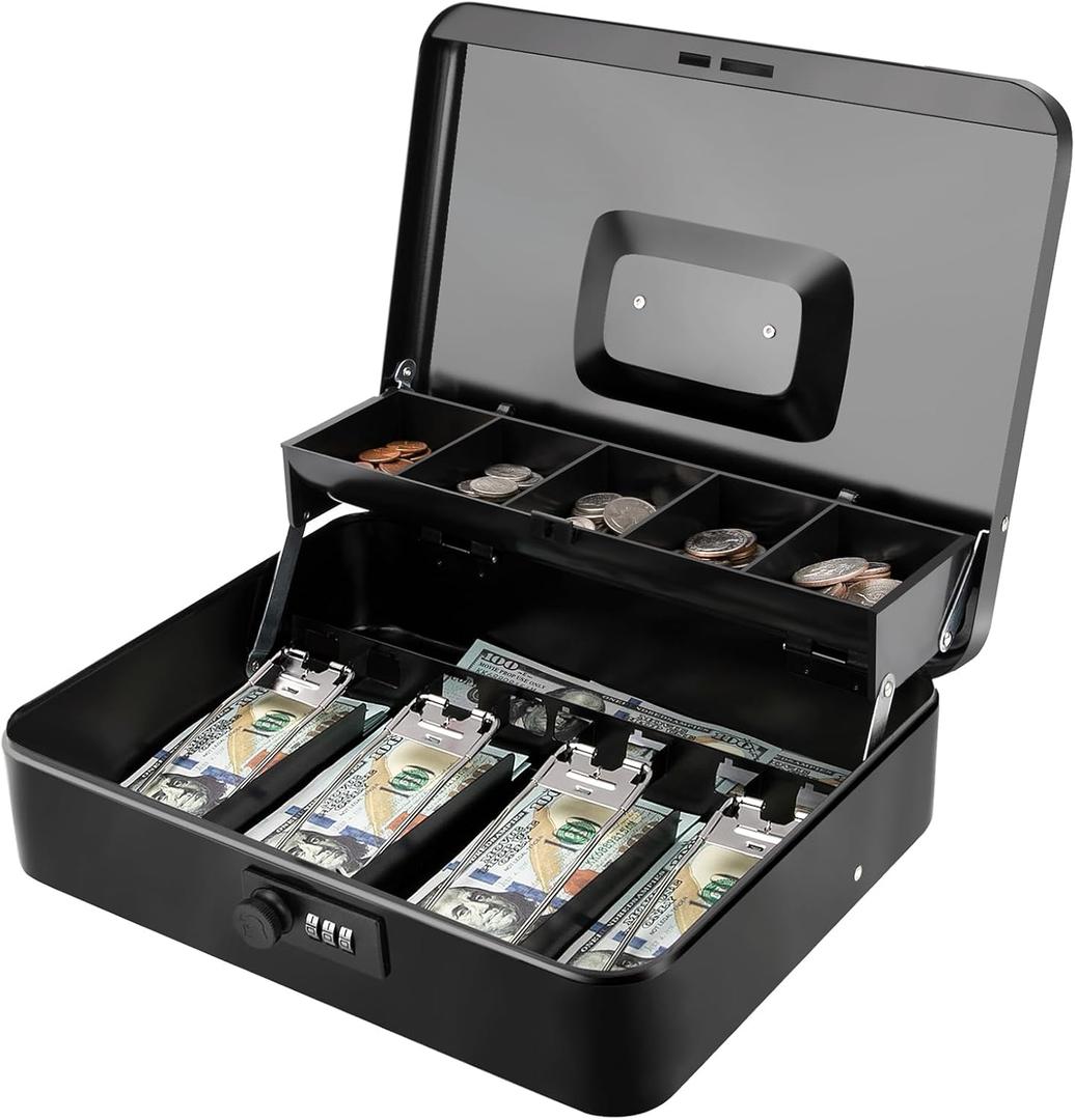 Jssmst Locking Large Metal Cash Box with Money Tray, Money Box with Combination Lock, Black