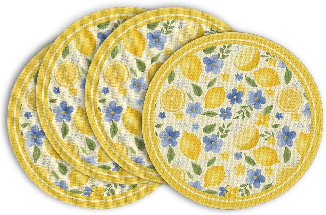 Artoid Mode Leaves Lemon Flowers Round Summer Placemats Set of 4, 14 Inch Seasonal Holiday Round Table Mats for Party Kitchen Dining Decoration