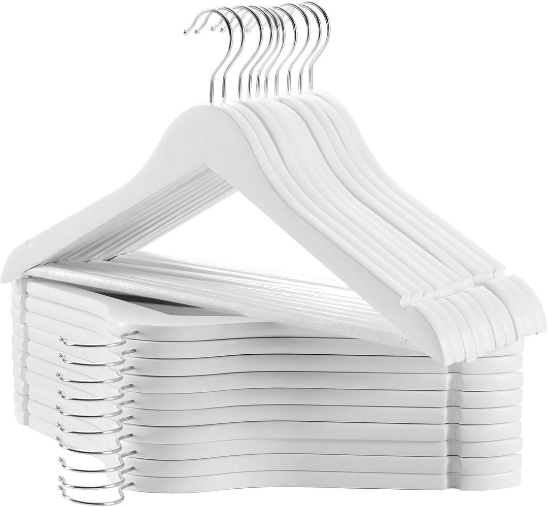 TECHMILLY Solid Natural Wooden Coat Hangers, 20 Pack Heavy Duty Smooth Finish Suit Hangers with Non-Slip Pant Bar, Precisely Cut Notches & Chrome Swivel Hook for Closet, Wardrobe