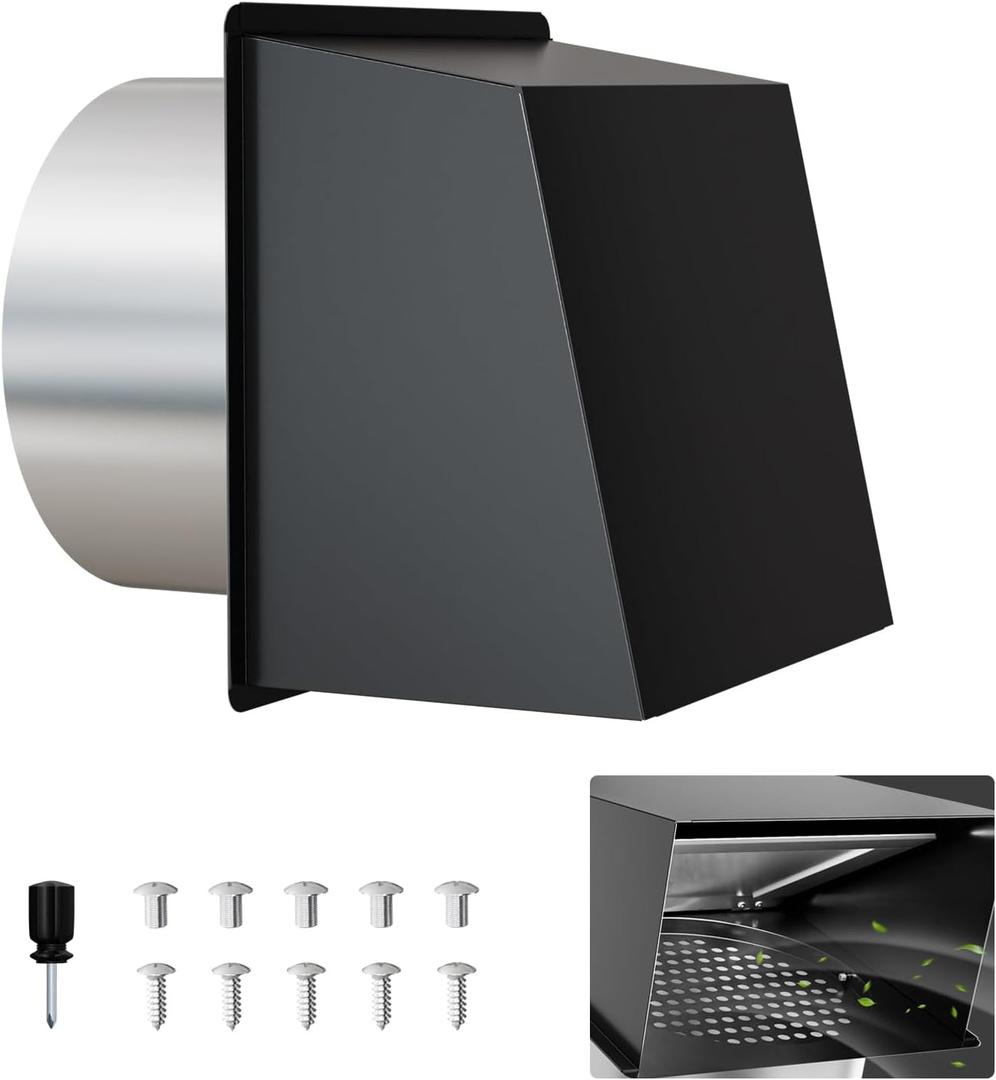 8" Outdoor Dryer Vent Cover Hood, Metal Dryer Wall Vent with Screen and Damper, Exterior Vent Cover for Dryer Vent Kitchen Range Hood Outdoor Air Exhaust (8 Inch-Black)