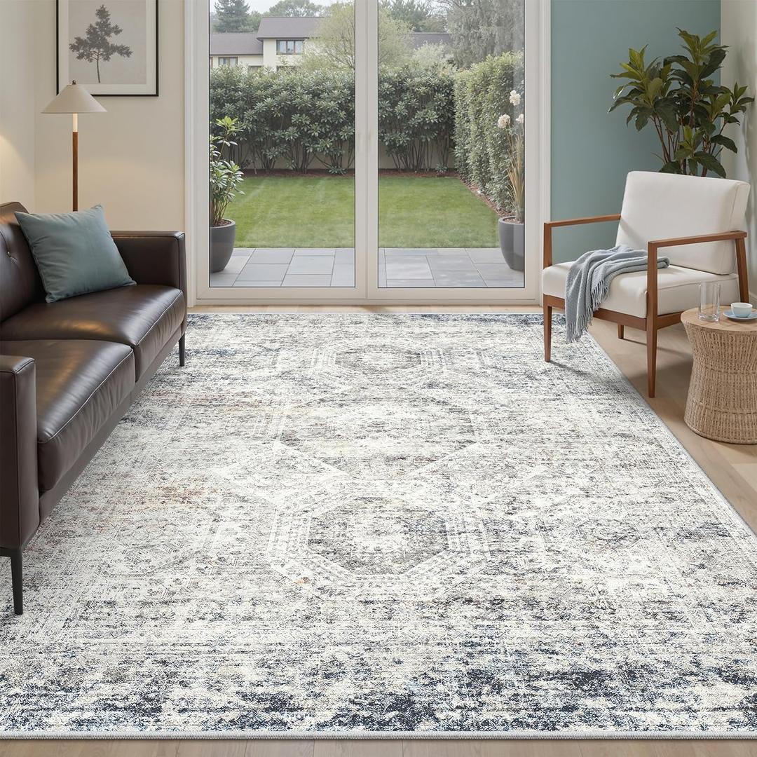 Soalmost 6x9 Area Rug for Living Room Washable 6x9 Non-Slip Modern Rugs for Bedroom Dinning Room Ultra-Thin Indoor Blue Ivory